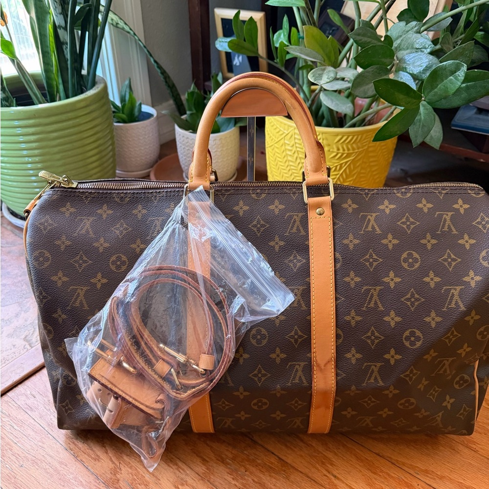 Louis Vuitton Brown Monogram Travel Duffle with Tan Leather Trim